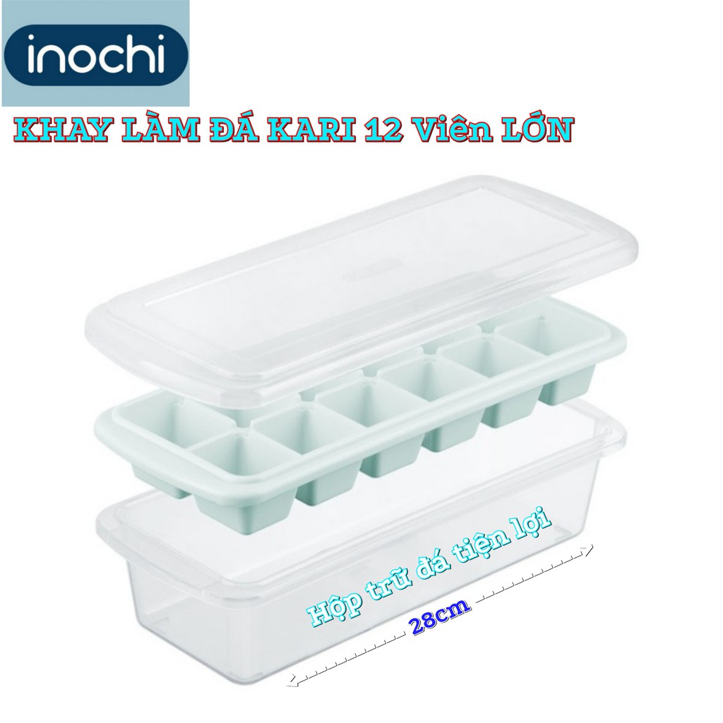 Bộ hộp Khay làm đá Vuông 12 viên KARI inochi - BPA free ,khuôn làm đá và thạch