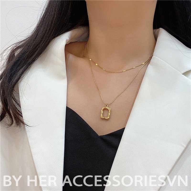 Dây Chuyền Măt Vuông, Chocker 2 tấng mặt vuông cá tính Her Asccessories C28