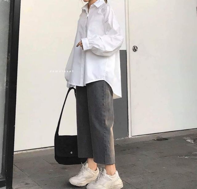 Quần ống rộng form suông lưng cao xám tro ulzzang kèm ảnh thật