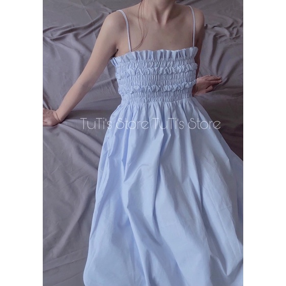 ĐẦM MIDI XANH BO CHUN NGỰC 2 DÂY CỘT