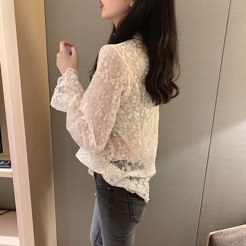 Xiaozhainv Áo kiểu tay dài cổ lọ phối ren hoa thời trang cho nữ | BigBuy360 - bigbuy360.vn