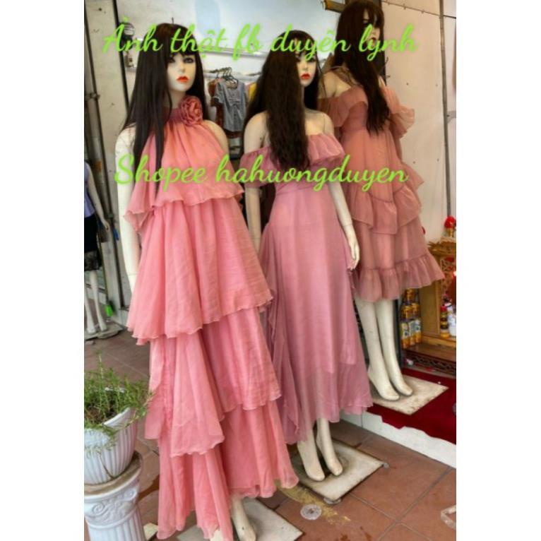 VT (BÁN chạy Váy maxi voan cổ yếm nhiều tầng siêu hot xòe hai màu