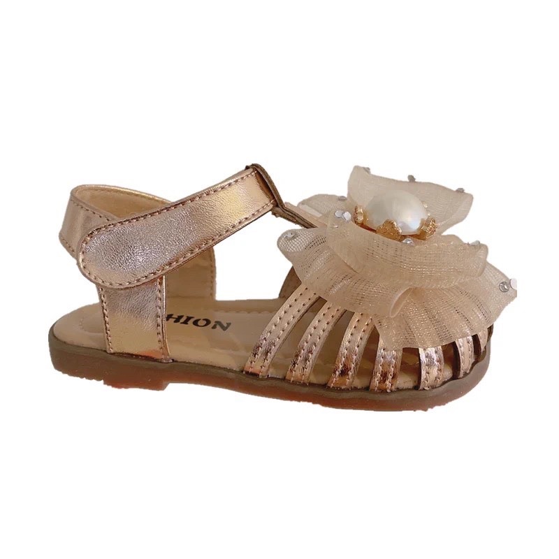 Sandal tập đi cho bé gái - dép rọ quai hậu cho bé bảo về chân nơ lưới bánh bèo điệu đà quai dán đế dẻo BabyBees A11