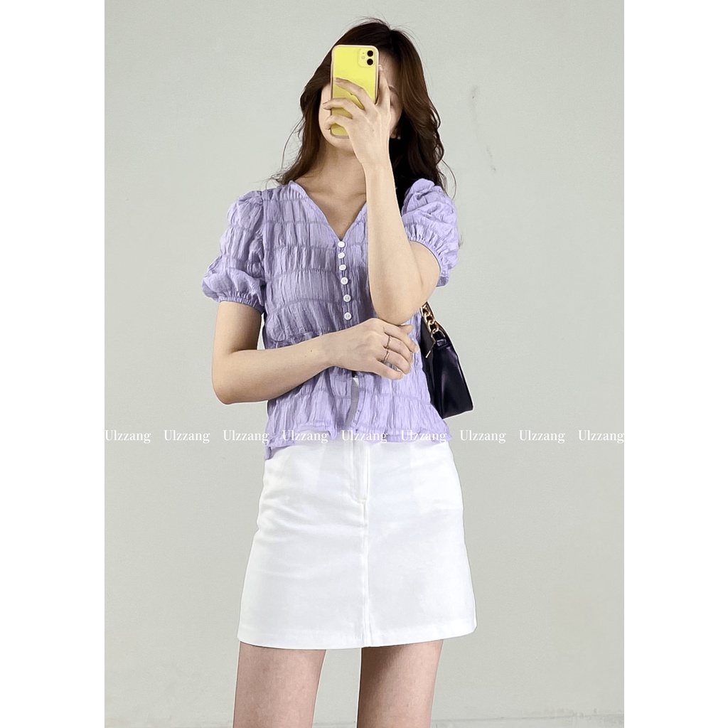 Áo cộc tay nữ phối cúc chất xốp nhăn AoxopcoV3002