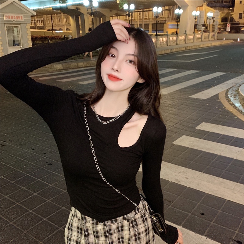 SUXI Áo thun croptop tay dài màu trơn dáng ôm quyến rũ dễ phối đồ hợp thời trang phong cách Hàn Quốc