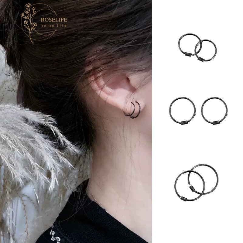2 Khuyên Tai Tròn Xoắn Ốc Bằng Thép Titan Không Thấm Nước Màu Đen Unisex