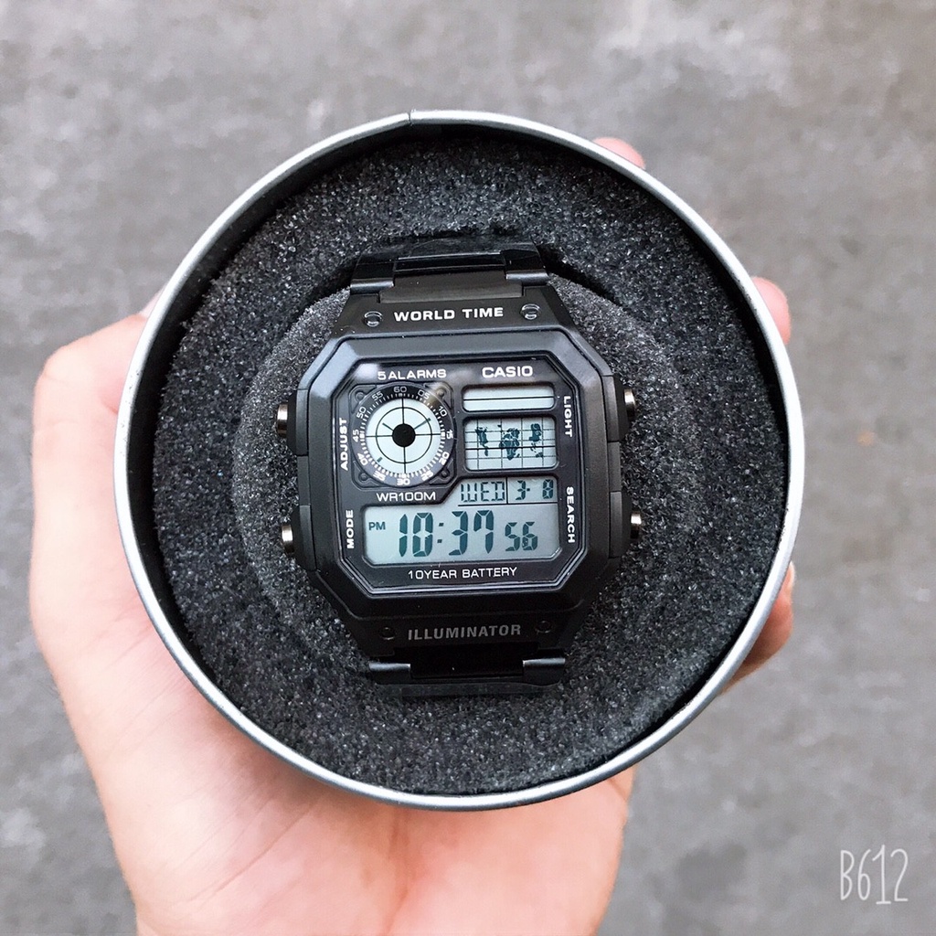 [Tặng box thiếc]Đồng hồ nam Casio AE 1200-WHD classic chống nước , dây thép không gỉ (dây bạc mặt đen) | BigBuy360 - bigbuy360.vn