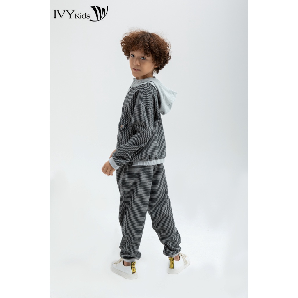 Áo thun kẻ cổ mũ bé trai IVY moda MS 58K1128