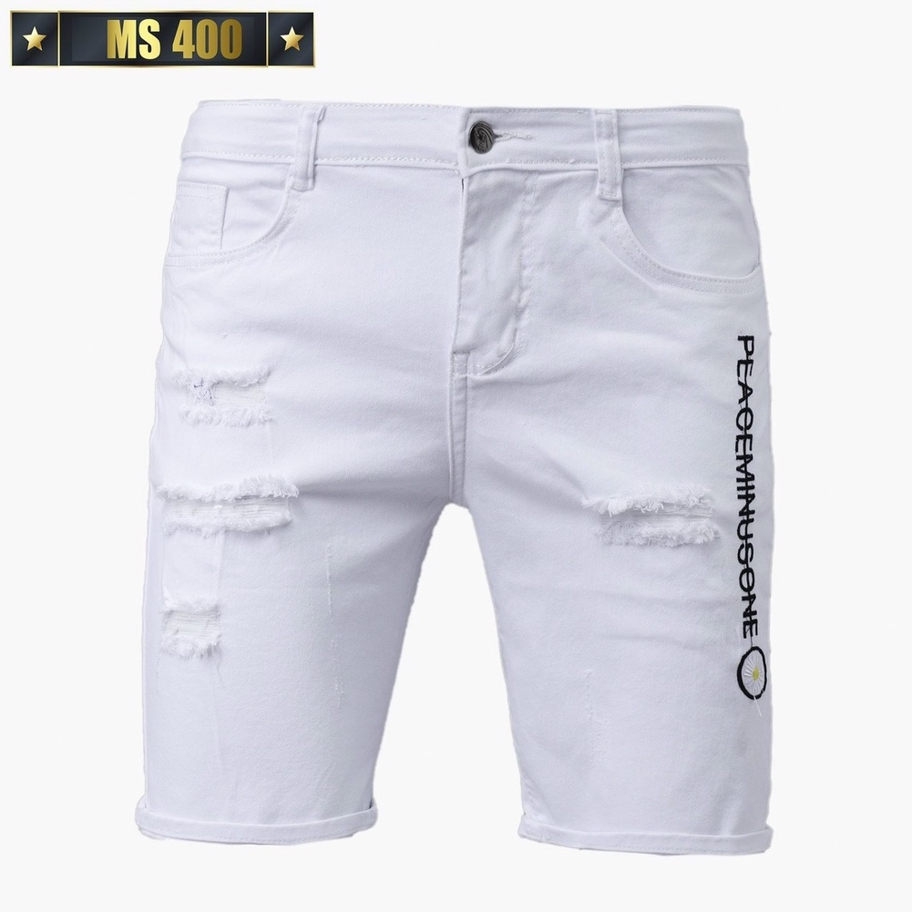 Quần short jean nam màu trắng thêu chữ chất bò - quần short jean ngắn nam co giãn thời trang cao cấp Mimishop122 ms400