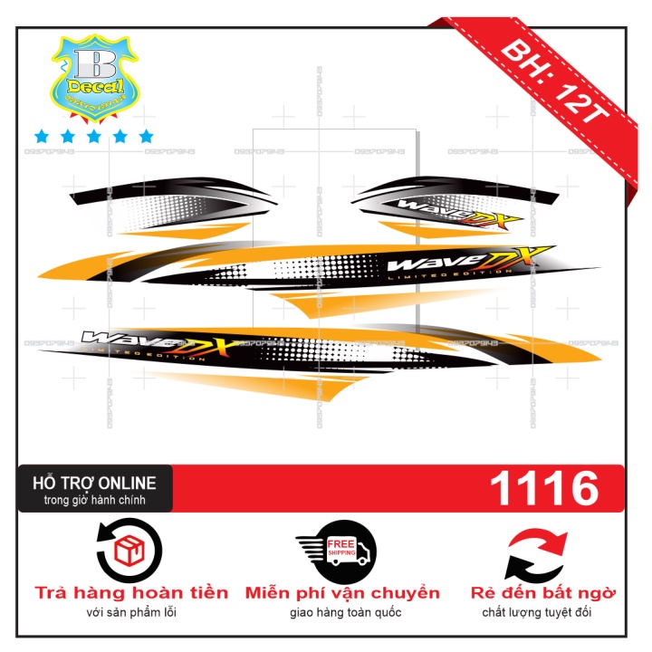 ( Quí khách vui lòng mang ra tiệm cho thợ dán ) Tem wave 2016 DX trắng xanh