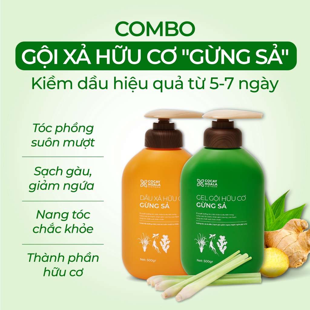 Dầu Gội Xả Hữu Cơ Gừng Sả - Combo dầu gội Cỏ Cây Hoa Lá Làm sạch sâu da đầu, giảm tóc bết 1000g