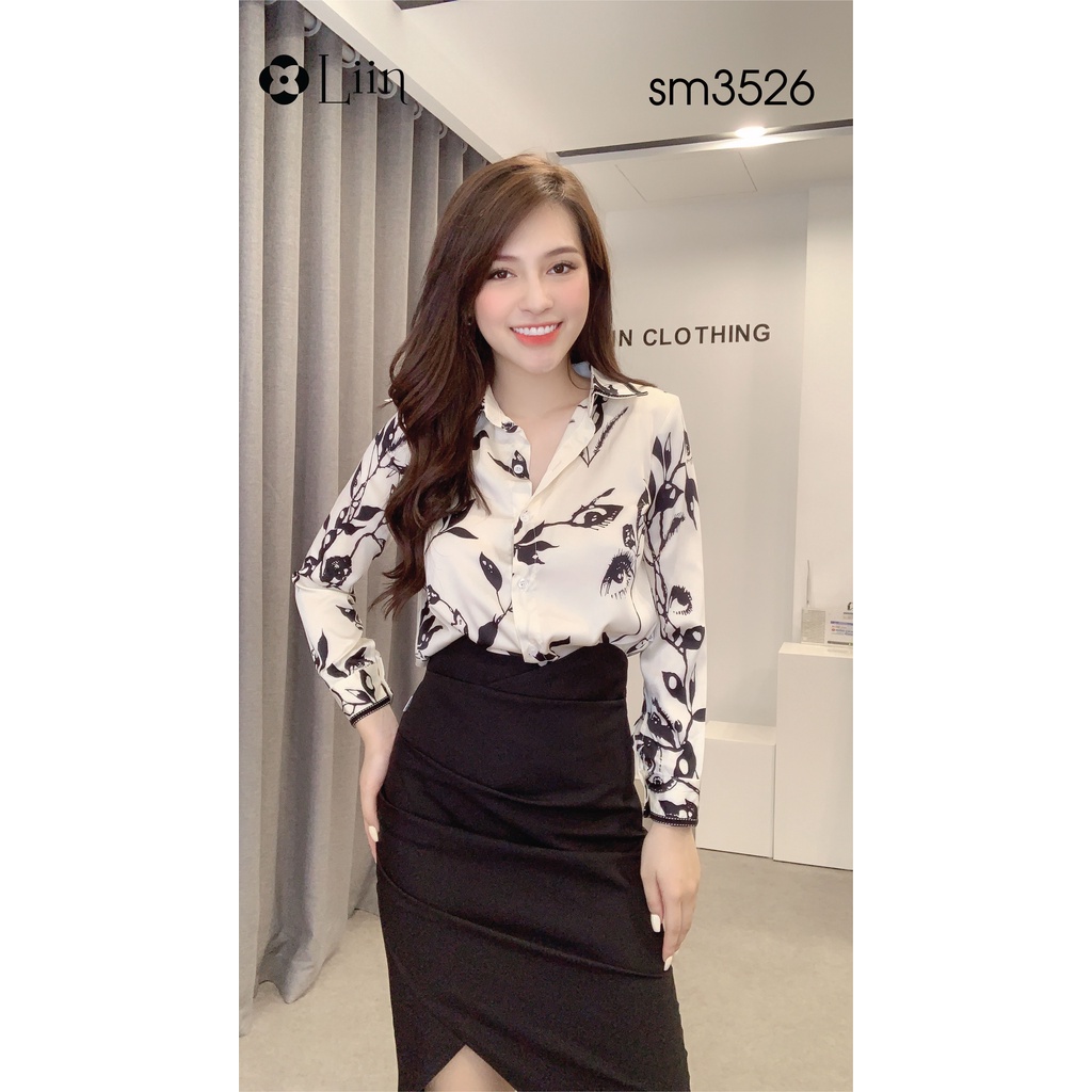 Áo sơ mi nữ cao cấp hoạt tiết hoa lá đen phối màu trắng be thời thượng Liin Clothing SM3526