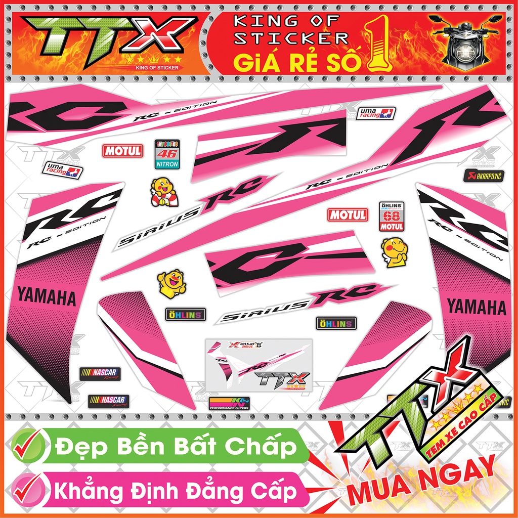 Tem Xe Sirius 110 Trắng Hồng - Tem Sirius RC Chữ Đen Màu Hồng Trắng Siêu Đẹp - Mẫu Team Sirius Trắng Hồng