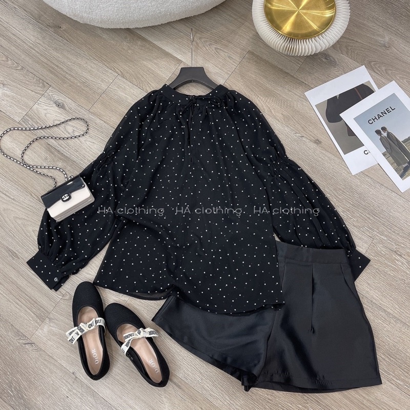 Set Áo chấm bi đen voan hàn mix quần sooc tac ta phồng NGN