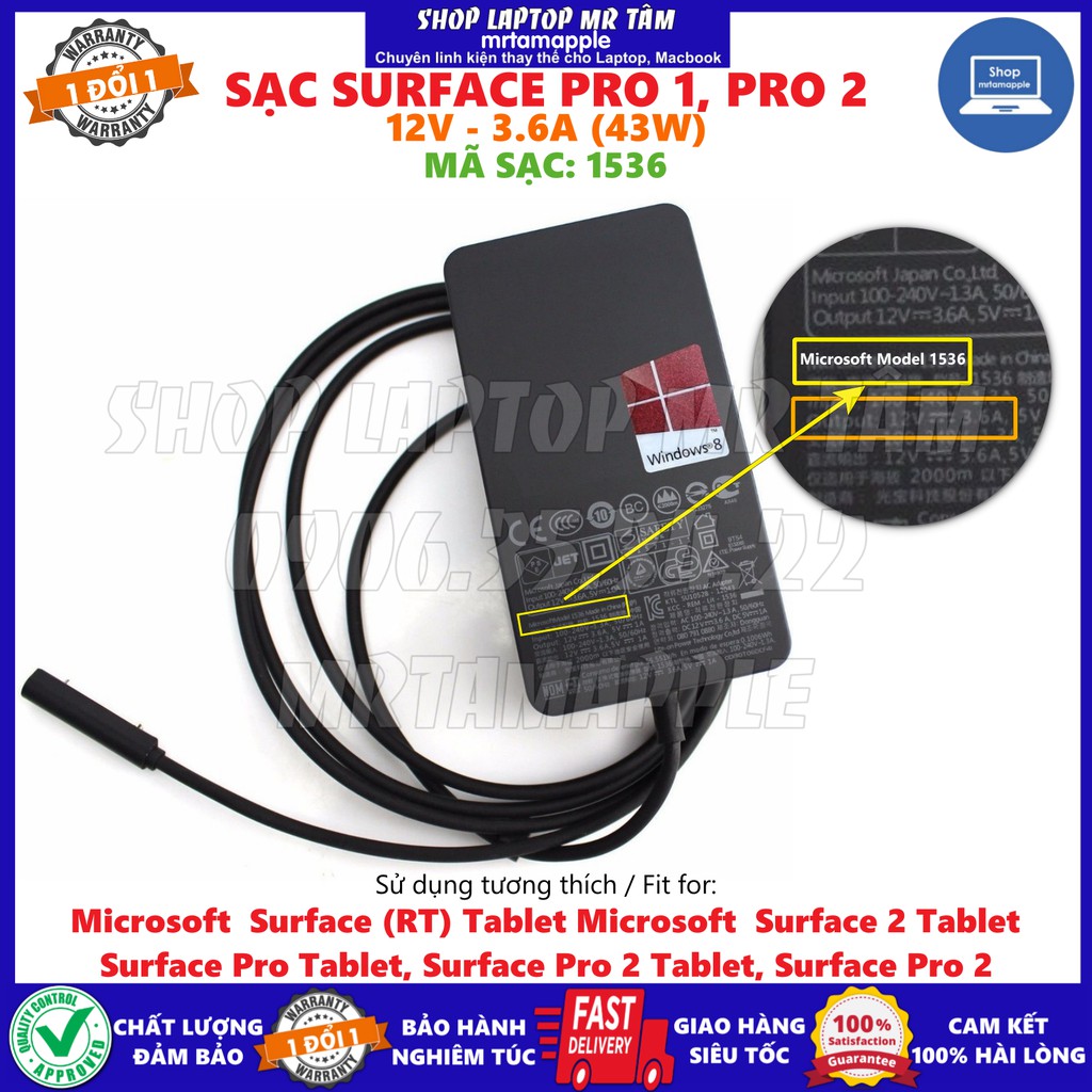 (ADAPTER) SẠC SURFACE PRO 1 2 - 12V - 3.6A (43W) (SẠC ZIN) - mã sạc 1514 1536 1601 1631