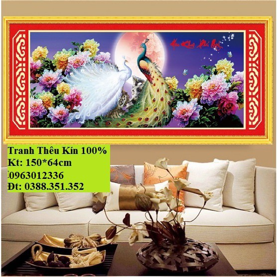 tranh thêu chữ thập đôi chim công phu thê viên mãn kt 150x64cm