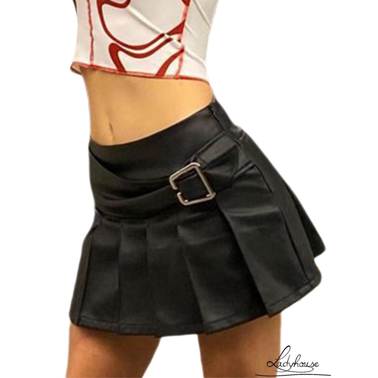 Chân Váy Ngắn Xếp Ly Bằng Da Màu Trơn Thời Trang Cho Nữ Đen