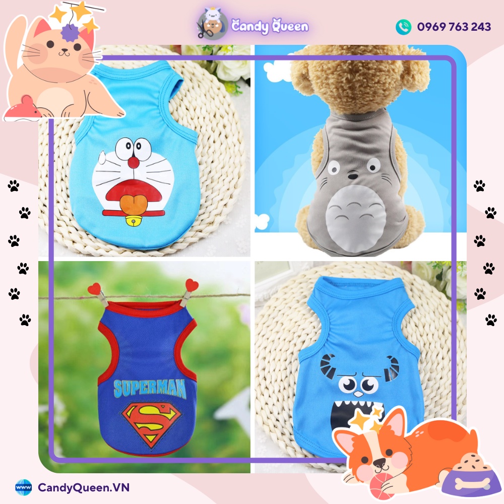[Áo Hoạt Hình Thú Cưng] ⚡ Bộ Sản Phẩm Họa Tiết Hoạt Hình Doraemon, Totoro, Superman, Vịt Dễ Thương Mặc Mát Cho Chó Mèo