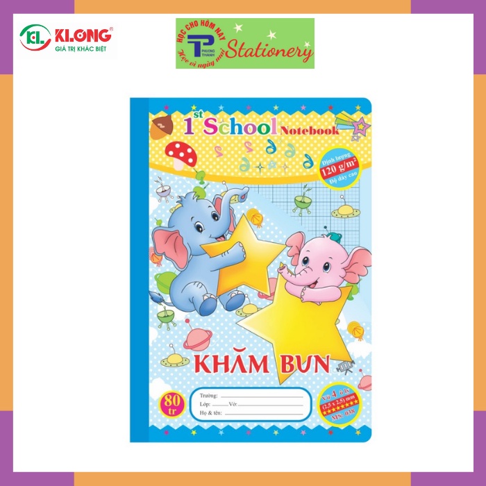 Vở 4 ô ly 48, 80 trang Klong định lượng 120g/m2 bìa hình chích bông, mèo tít, hổ nhi, sóc bi, khăm bun; MS: 038,039
