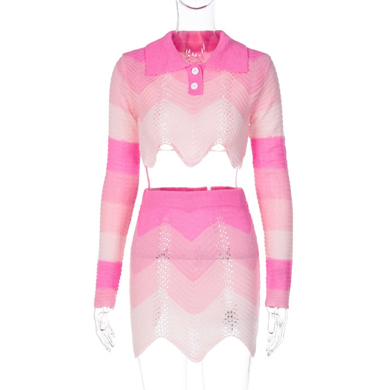 Bộ Áo Dệt Kim Dài Tay Cổ Polo + Chân Váy Lưng Cao Xinh Xắn Dành Cho Nữ