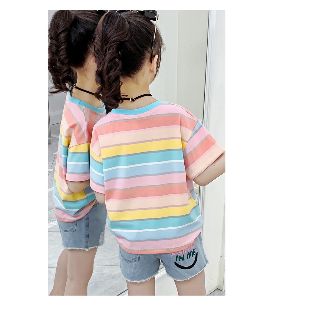 Áo phông bé gái size đai từ 20 -50kg màu cầu vồng thêu hoa-trái tim ngực AH02