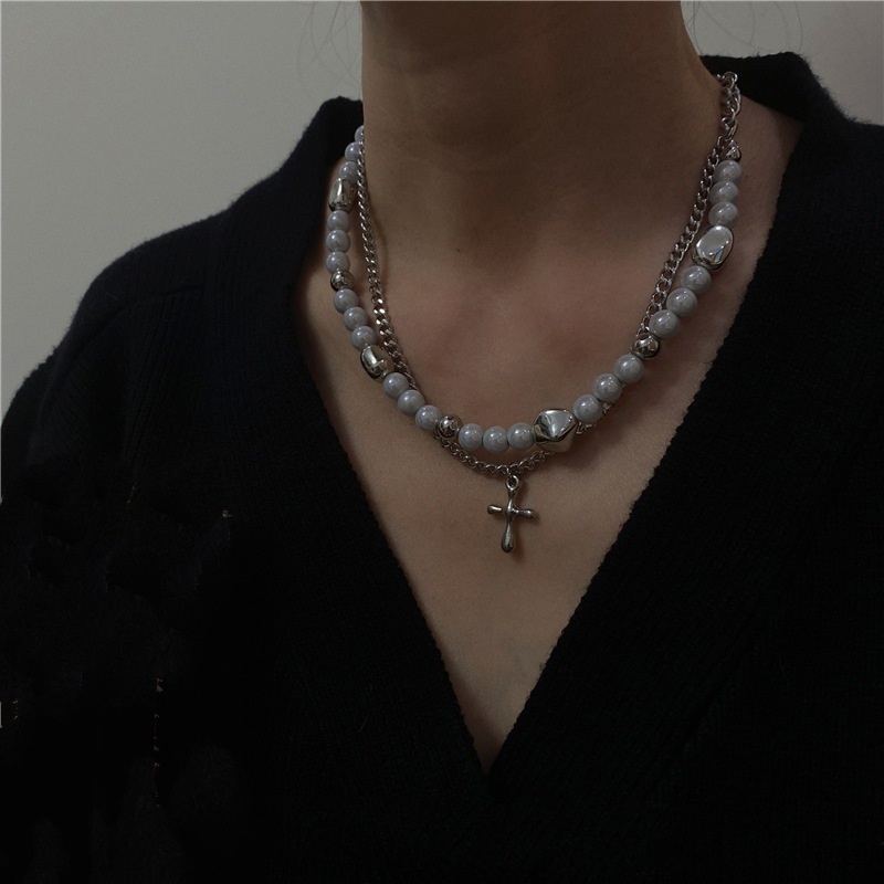 Vòng cổ Hai Lớp Đính Hạt Chữ Thập Phong Cách Hip hop Dành Cho Cặp Đôi