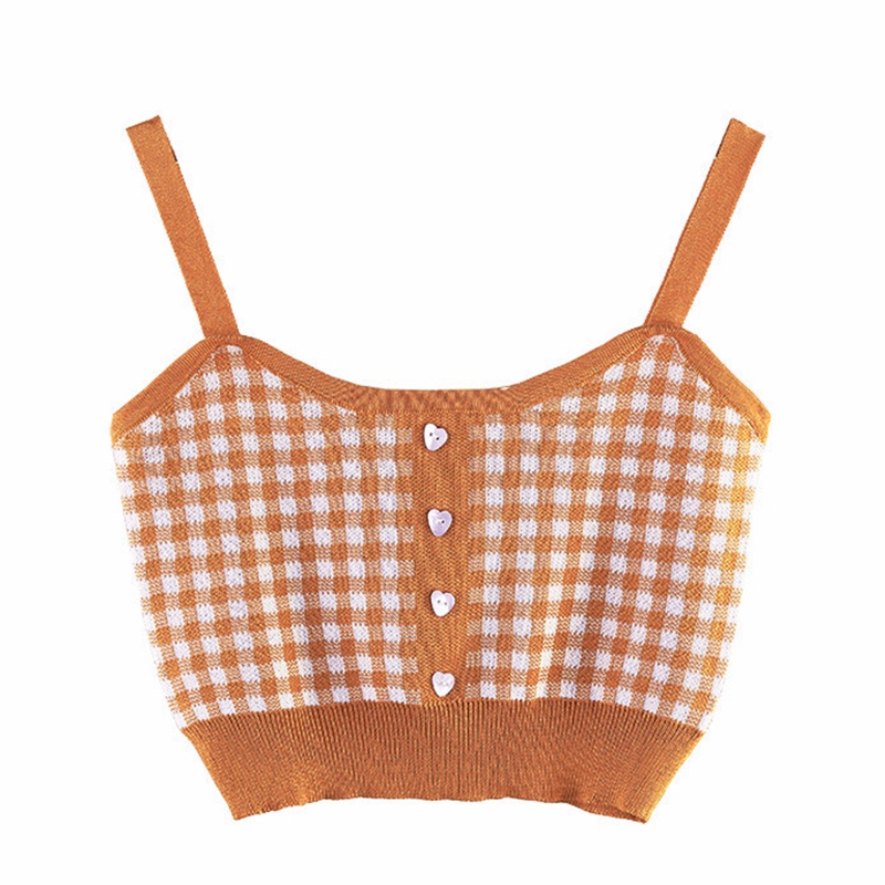 Áo Croptop Dệt Kim Hai Dây Cài Nút Họa Tiết Sọc Caro Màu Sắc Tương Phản Thời Trang Mùa Hè Cho Nữ