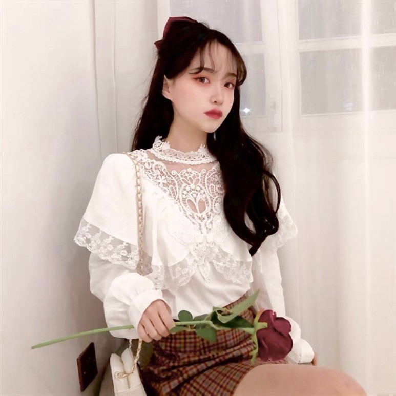 Áo Sơ Mi Trắng Nữ Taobao, Áo Sơ Mi Nữ Ren Tiểu Thư Dài Tay Mặc Đi Học, Đi Làm, Đi Chơi