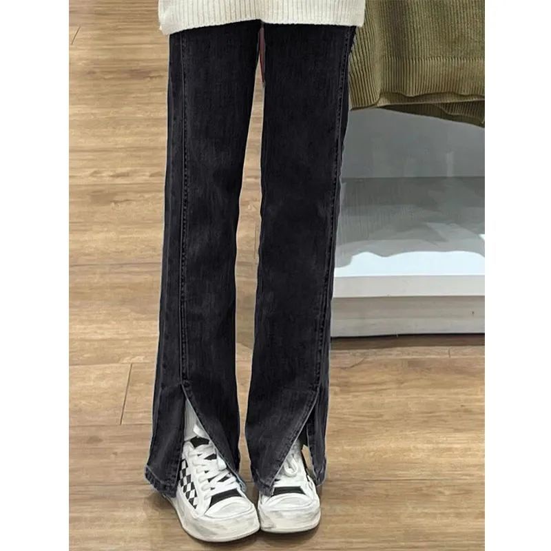 Quần Jeans Nữ Lưng Cao Ống Rộng Xẻ Tà Thời Trang