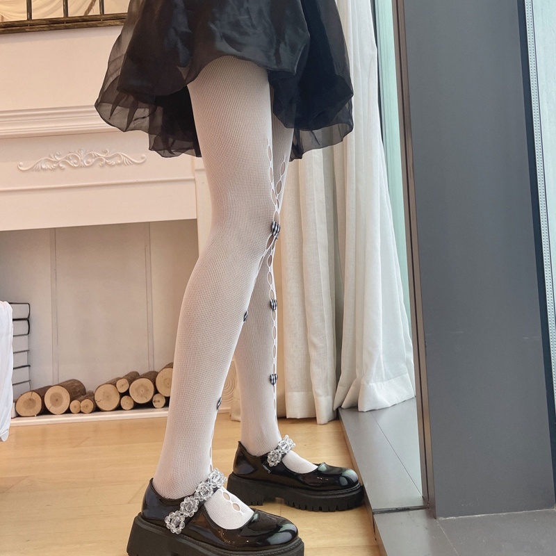 Xiangbao Quần Tất Lưới Rỗng Đính Nơ Kẻ Sọc Caro Trái Tim Khoét Rỗng Trước Ngọt Ngào Phong Cách Lolita Nhật Bản