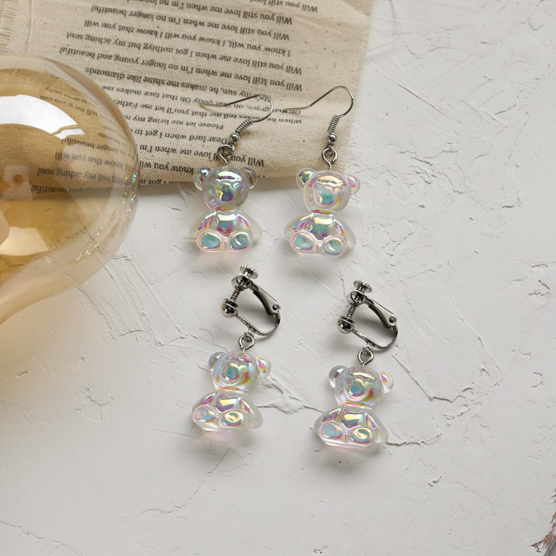 Khuyên tai kẹp không bấm lỗ chốt điều chỉnh K064 bằng hợp kim mạ bạc hình con gấu dáng midi Leous Accessories