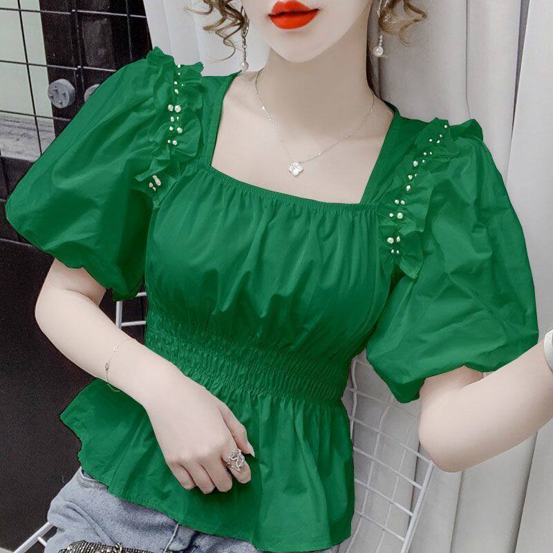 Áo Kiểu Cổ Vuông Tay Phồng Màu Trắng Thời Trang Mùa Hè Phong Cách Hàn Quốc Cho Nữ Mới