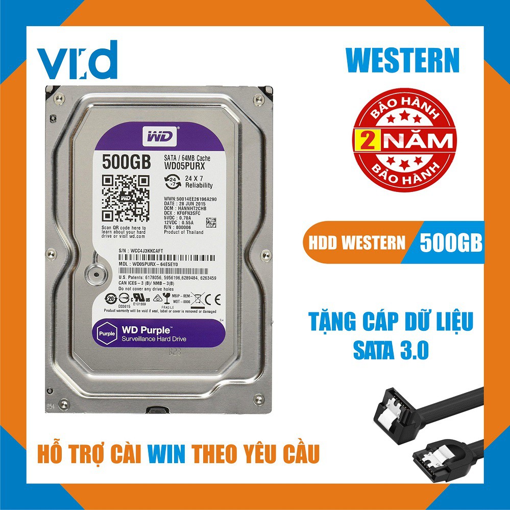 Ổ cứng HDD 500GB Wesstern Tím - Tặng cáp sata 3.0 - Bảo hành 24T- Hàng nhập khẩu tháo máy đồng bộ mới 98%