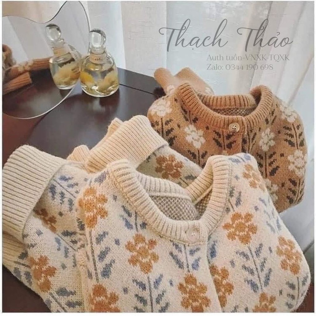 ÁO LEN CARDIGAN VINTAGE DÀI TAY CỔ TRÒN HOẠT TIẾT HOA 3 MÀU