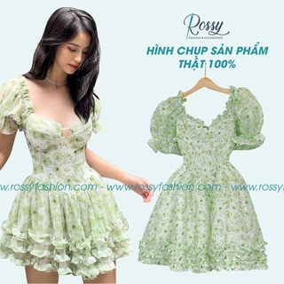 ĐẦM NỮ HOA XANH TAY BO LAI BÈO TẦNG ROSSY FASHION