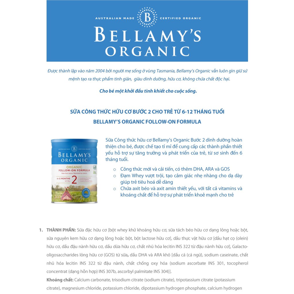 Tặng 1 gói ăn dặm Bellamy | Sữa bột hữu cơ Bellamy’s Organic công thức Số 2 - Follow-on Formula 900g