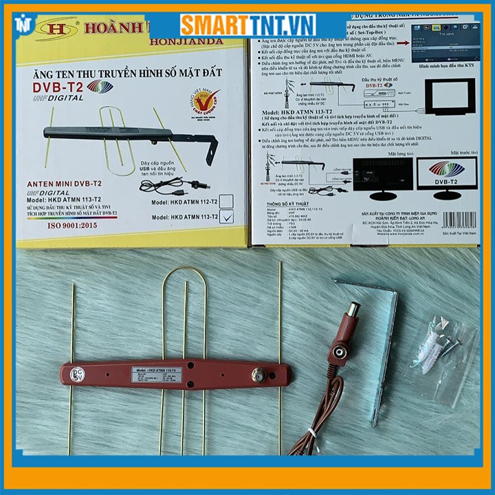Anten mini khuếch đại DVB-T2 thu truyền hình số mặt đất Hoành Kiến Đạt kèm cuộn cáp và dây cáp nguồn, hàng đẹp Smarttnt.