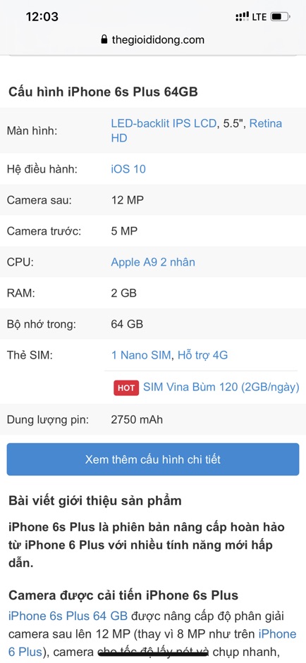 Điện Thoại Apple Iphone 6s Plus ( 2GB/64GB ). Hàng cũ đẹp 90-95% .