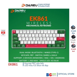Bàn phím cơ không dây |Bàn phím bluetooth DAREU EK861 61KEY (PBT, Blue/ Brown/ Red D-KAILH switch) - Mai Hoàng bảo hành