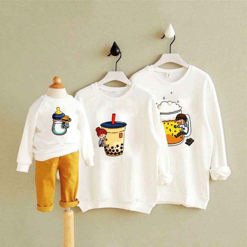 Áo gia đình bia , sữa , trà sữa , vải nỉ loại 1 , in pet , nổi hình , có video hình thật