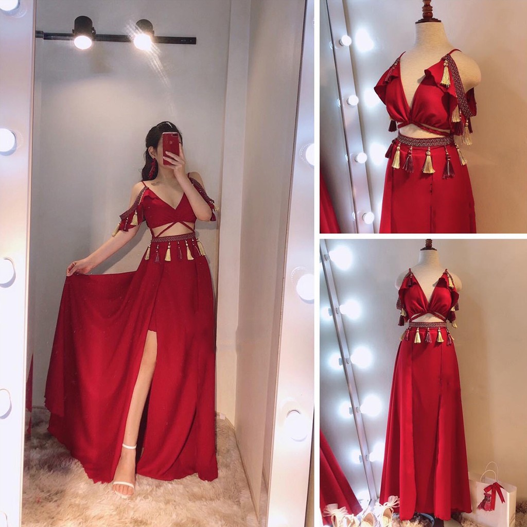 Đầm maxi đi biển xẻ tà dáng dài khoét eo đi biển sống ảo sang siêu XUKADRESS MT001