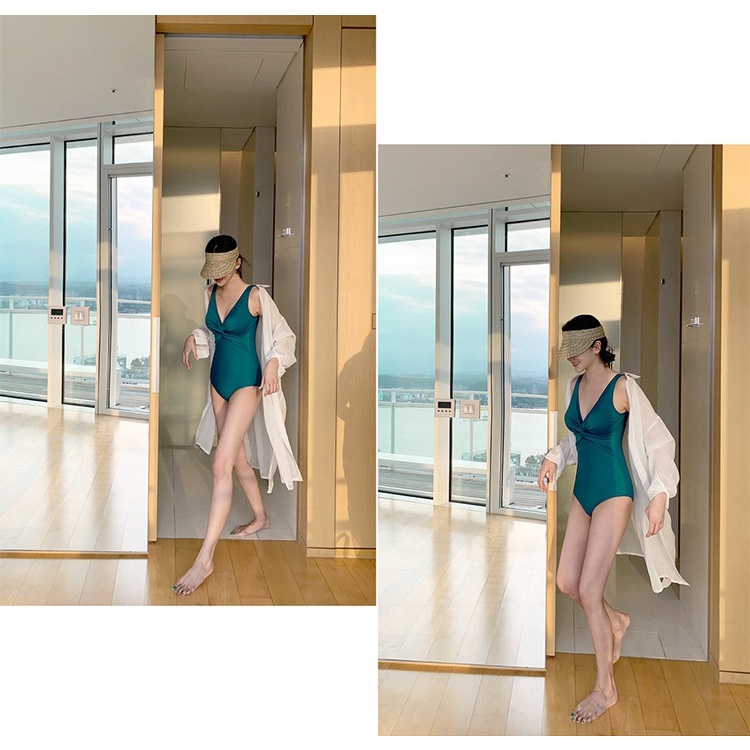 Bikini đi biển Hàn Quốc màu xanh cổ vịt sang chảnh, thiết kế xoắc ngực, tôn dáng đồ bơi một mảnh liền thân