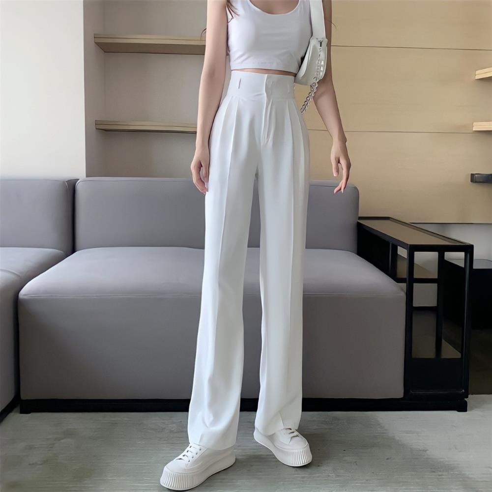 Quần Ống Rộng Lưng Cao 2 Khuy Dáng Dài, Quần Ống Suông Cạp Cao 2 Cúc Phong Cách Hàn Quốc Trẻ Trung Năng Động