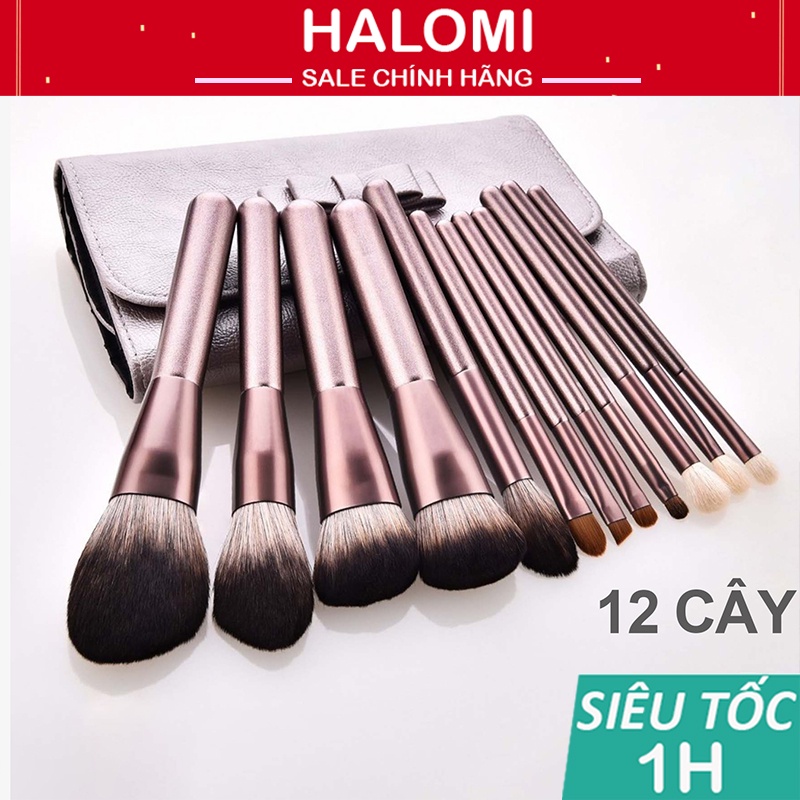 Bộ cọ trang điểm 12 cây thân bạc tím lông thú siêu mềm có bao da đựng chính hãng HALOMI