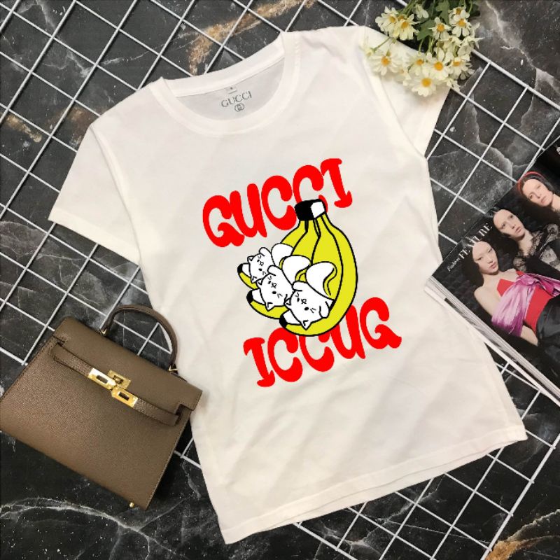 Gucci Áo Thun Cotton Họa Tiết Chuối Mèo Thương Hiệu Thời Trang Cho Cặp Đôi