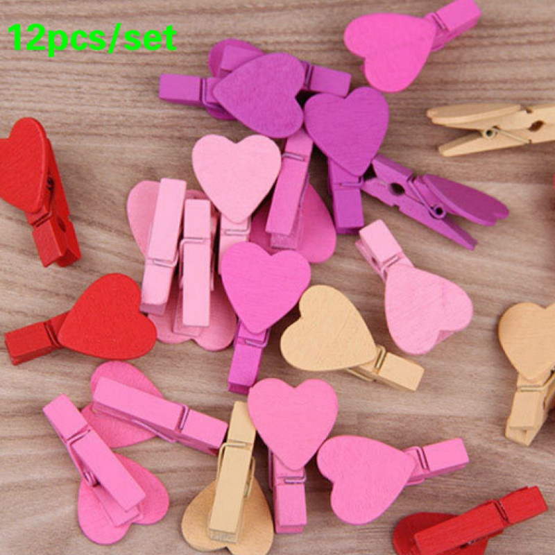 Set 12 Kẹp Ảnh Bằng Gỗ Hình Trái Tim