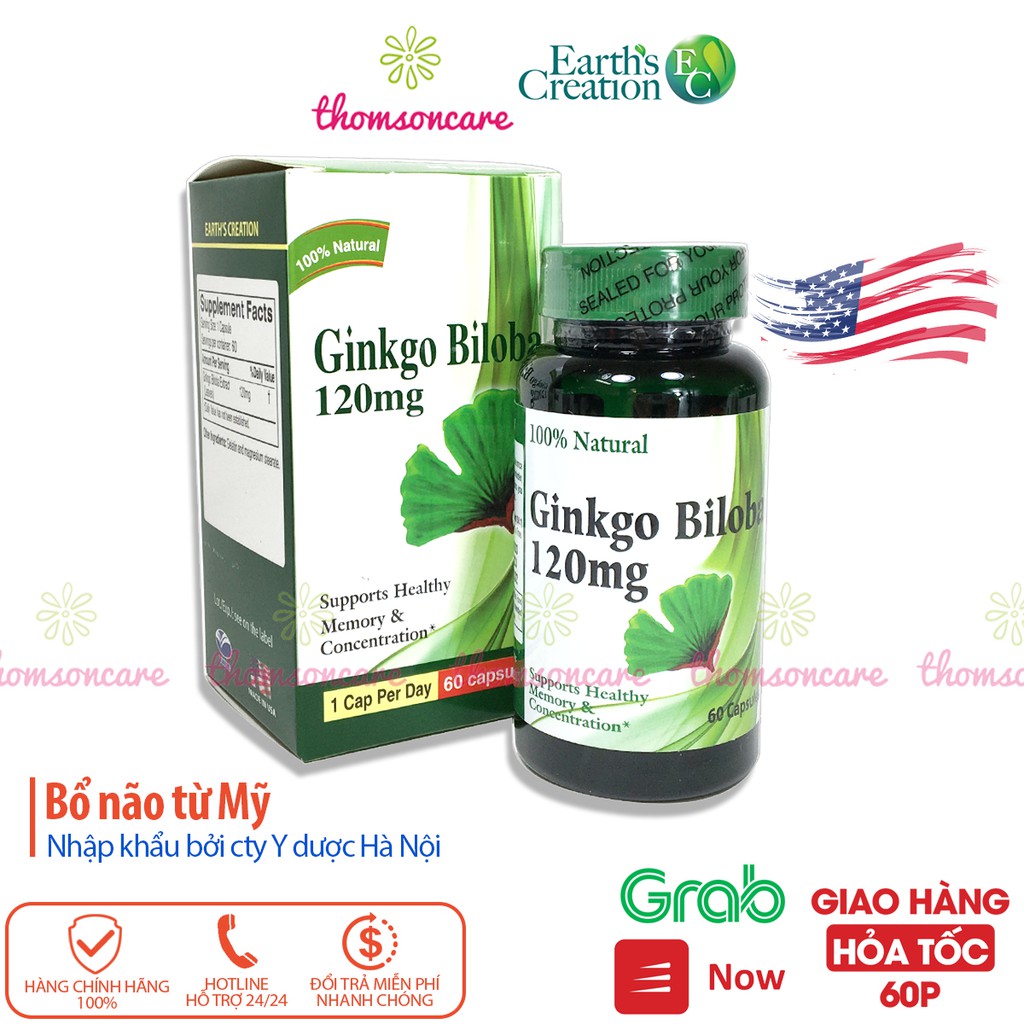 Bổ não Ginkgo Biloba 120mg Nhập khẩu từ Mỹ- tăng tuần hoàn não, hoạt huyết từ cao bạch quả  Earth Creation