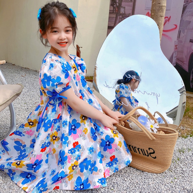 Đầm Công Chúa Cổ Tròn In Hoa Màu Xanh Dương Ngọt Ngào Toàn Diện Cho Bé Gái