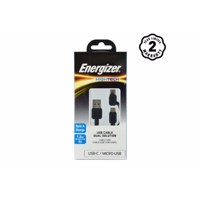 Cáp sạc 2 cổng Energizer HT USB Type-C & Micro-USB dài 1.2m - C11UBX2CFBK4 (Đen)