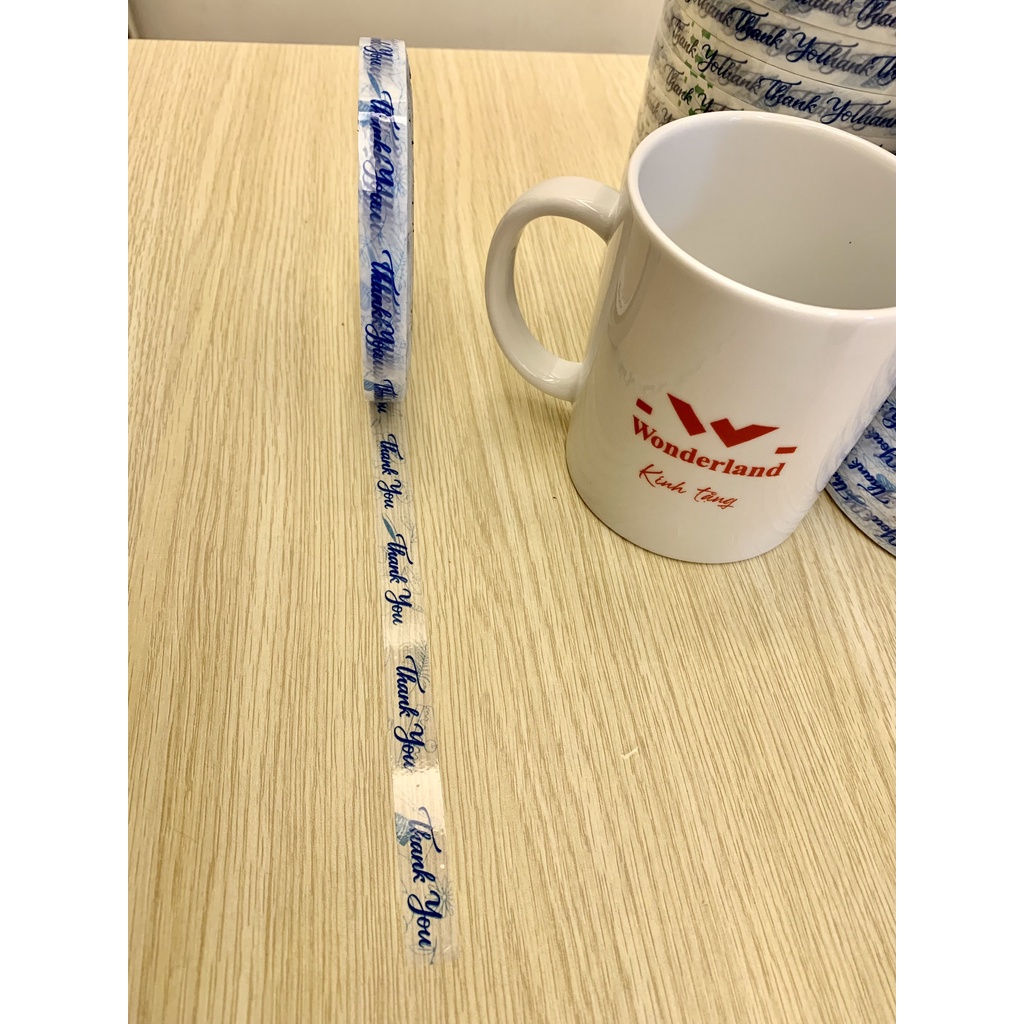 1 cuộn băng keo nền trắng sữa in chữ thank you dán ly trà sữa, cà phê 12mm x 72met